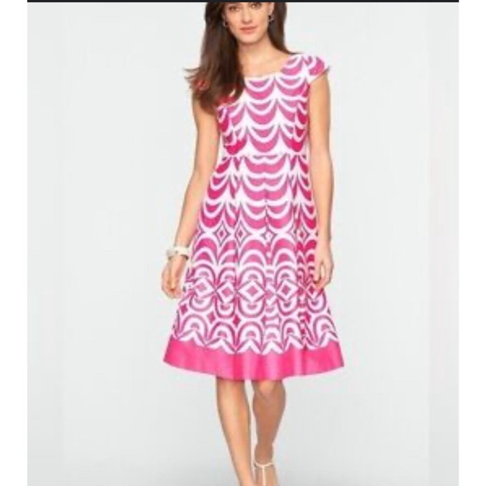 Talbots Dress 10 Pink White Textured Stretch Cotton A Line Short Sleeve Summer